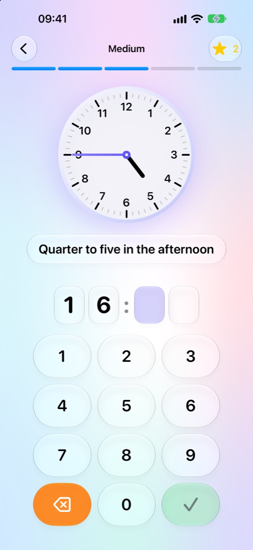 A question showing an analog clock at quarter to five and the text “Quarter to five in the afternoon”, with 16 typed on the keypad