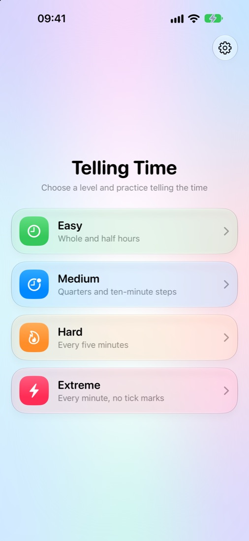 Start screen with the four levels