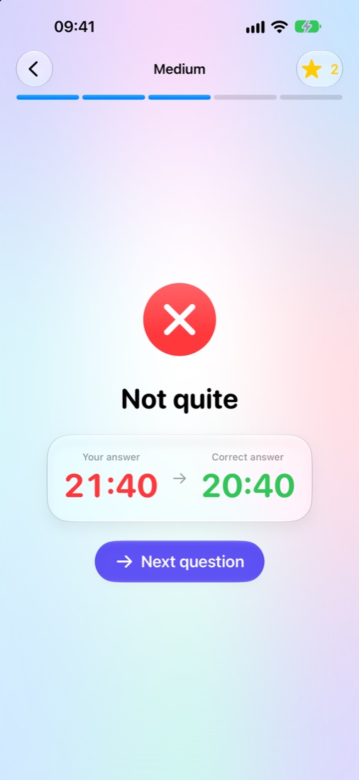 A wrong answer, 21:40, shown next to the right answer, 20:40