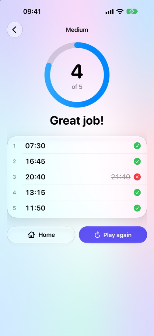 Score screen showing 4 of 5 and every answer